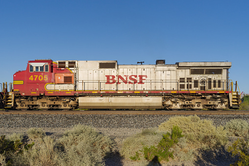Mojave, California, United States: BNSF Railway locomotive 4705, heritage unit, Warbonnet, shown stationary on a sunny morning.