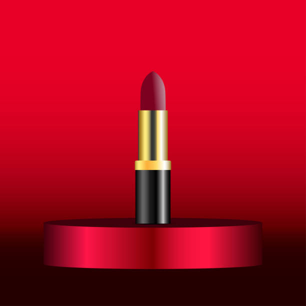 istock Attractive red lipstick product on round premium podium. Isolated on red background. Makeup container mockup. 1612981081