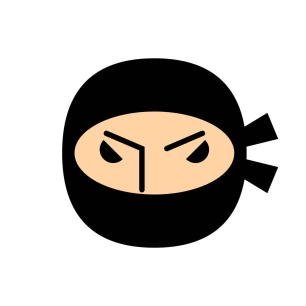 Vector illustration of Ninja warrior icon. Simple black serious ninja head logo isolated on white background. Ninja head with angry face. Vector illustration.