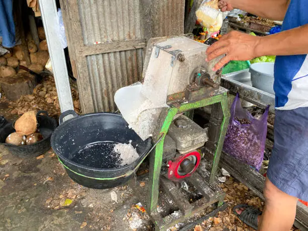 Photo of coconut grated machine in traditional market. This coconut grating machine