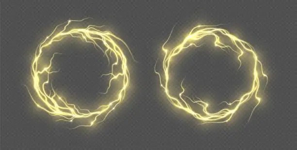 Vector illustration of Electric lightning frames, round thunderstorm border, realistic thunderbolts, energy flash explosion