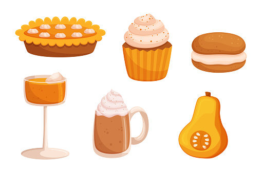 Delicious Pumpkin Meals, Flavorful Muffin, Sweet Pumpkin Pie, Coffee and Juice in Glass Cups, Fresh Gourd and Macaroon, Versatile And Delightful Culinary Experience Dishes. Cartoon Vector Illustration
