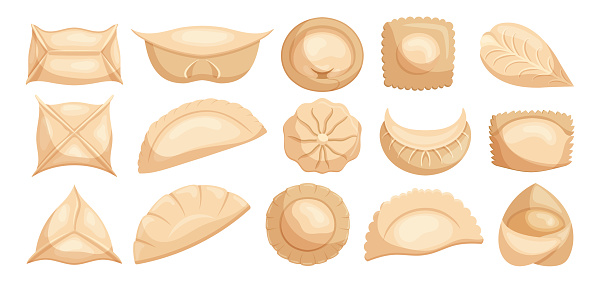 Set of Dumplings, Small, Savory Parcels Of Dough Filled With Meat, Vegetables, Or Other Ingredients. Popular In Various Cuisines, They Are Often Boiled, Steamed, Or Fried. Cartoon Vector Illustration