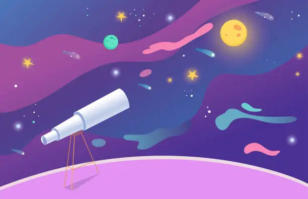 Vector illustration of Telescope for space discovery and observation in observatory, planetarium spyglass