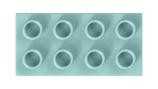 Eggshell Blue Toy Block Isolated on a White Background. Close Up View of a Plastic Children Game Brick for Constructors, Top View. High Quality 3D Rendering with a Work Path. 8K Ultra HD, 7680x4320