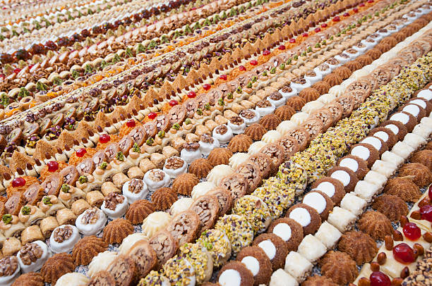 Selection of luxury oriental petit fours in rows