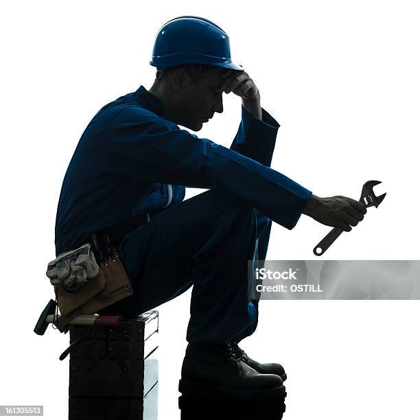 Repair Man Worker Sad Fatigue Failure Silhouette Stock Photo - Download Image Now - Construction Worker, In Silhouette, Tired