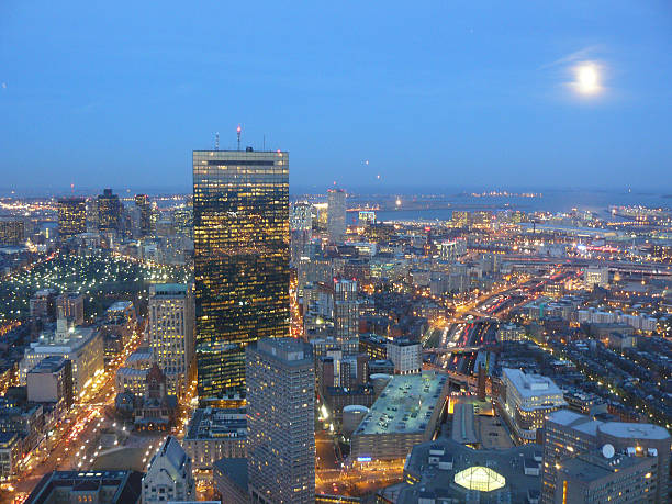 Aerial view of Boston at Night stock photo