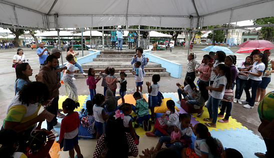cachoeira, bahia, brazil - november 4, 2023: public school children participate in leisure activity during Literary Fair in the city of Cacheoeira - Flica.