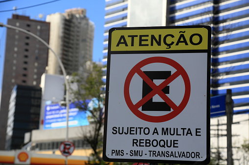 salvador, bahia, brazil - august 11, 2023: traffic signs indicate forbidden to stop and park on a street in the city of Salvador.