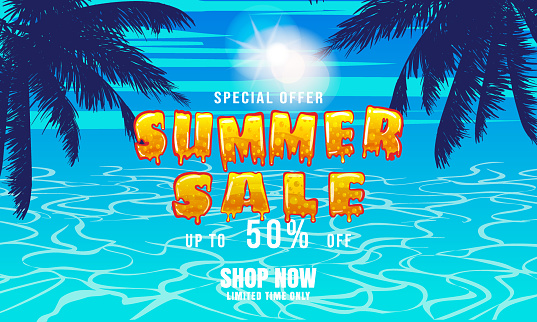 Template Summer Sale banner. Swimming pool, blue water ocean, tropical palms, sun. Advertising background, offer, flyer design vector illustration