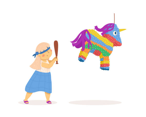 istock Cute little girl playing with a pinata. Vector illustration. Summer activities. Kids have fun outside. Funny character 1613103404