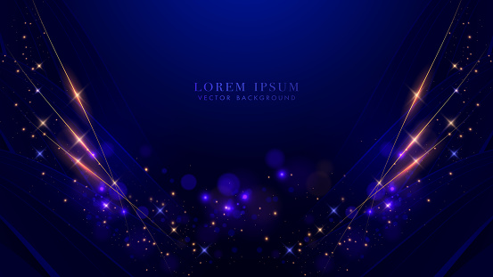 Blue luxury background with golden lines, sparkle glowing dots effect and bokeh element. Elegant style vector design