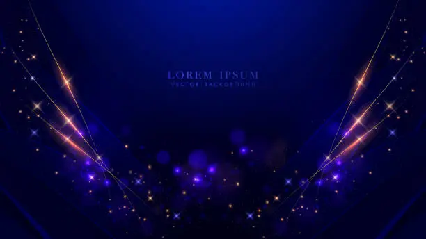 Vector illustration of Blue luxury background with golden lines, sparkle glowing dots effect and bokeh element. Elegant style vector design