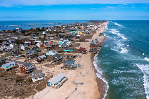 Aerial View of Beach Homes in in Rodanthe North Carolina With the Jug Handle Bridge in the Background