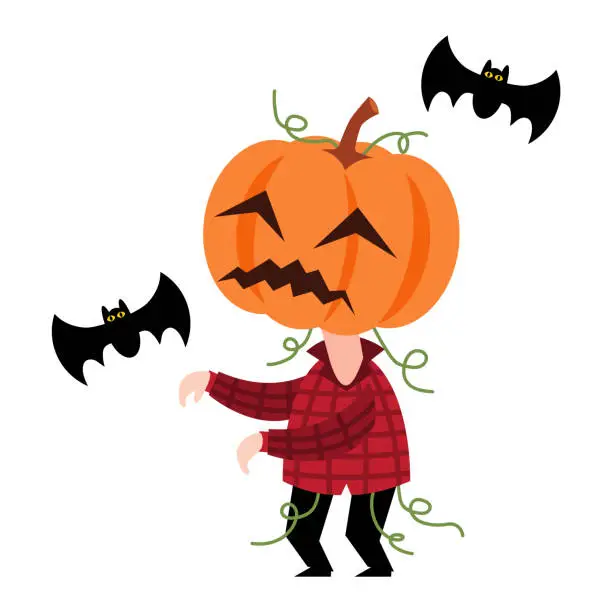 Vector illustration of Scarecrow ghost with pumpkin head . Cute halloween cartoon characters . Vector .