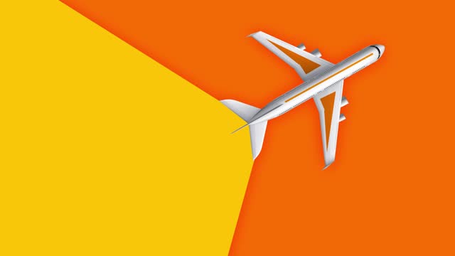 Intro Opener with Airplane Creative Background Flying and Dragging The orange Background Away From The yellow Background. Conceptual Idea For Creativity Content and Advertising . Copy space 4k video