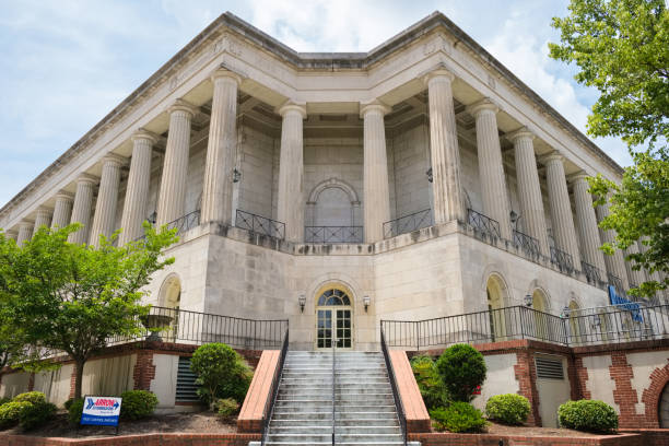 Macon, Georgia USA - June 16, 2023: Cityscape scene with vintage architecture of the city auditorium in the historic downtown district
