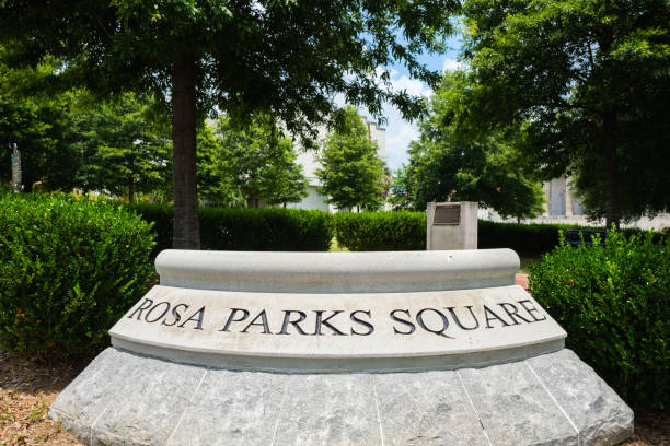 Macon Georgia Cityscape Macon, Georgia USA - June 16, 2023: Commemorative park square to the American civil rights activist in the historic downtown district civil rights act stock pictures, royalty-free photos & images