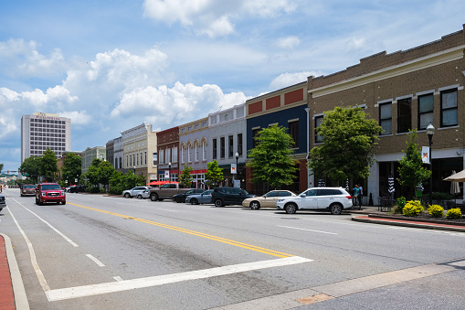 Macon, Georgia USA - June 16, 2023: Cityscape scene with vintage architecture in the historic downtown district