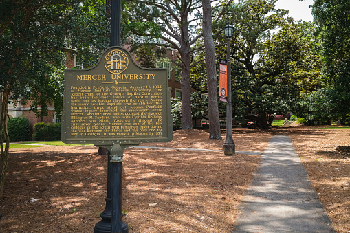 Macon, Georgia USA - June 16, 2023: Entrance sign to Mercer University located in this small southern town