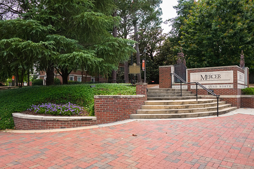 Macon, Georgia USA - June 16, 2023: Entrance sign to Mercer University located in this small southern town