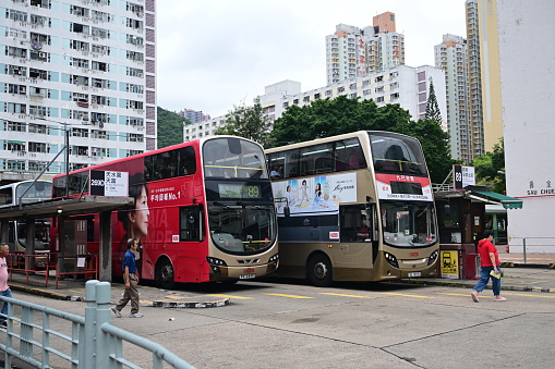 KMB Bus stop in Lek Yuen estate, shatin, hong kong - 08/13/2023 17:19:54 +0000.The buses provide a convenient but relatively inexpensive transport option.
