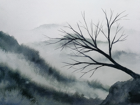 watercolor black ink painting landscape mountain fog and branch asian art styles.