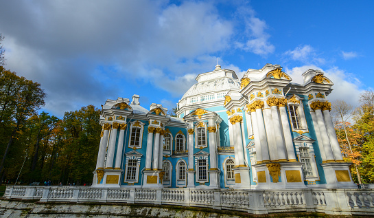 St Petersburg, Russia - Oct 7, 2016. People visit Catherine Palace at autumn in Saint Petersburg, Russia. Catherine Palace is a Rococo palace located in the town of Tsarskoye Selo.