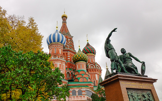 Moscow, Russia - Oct 4, 2016. The Saint Basil church at Red Square in center of Moscow. Most popular toursits landmarks in Russian Federation.