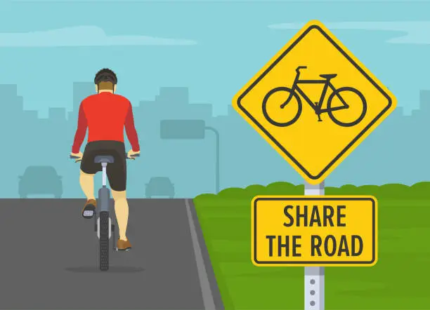 Vector illustration of Back view of cyclist cycling on a city road. Share the road yellow warning traffic sign.