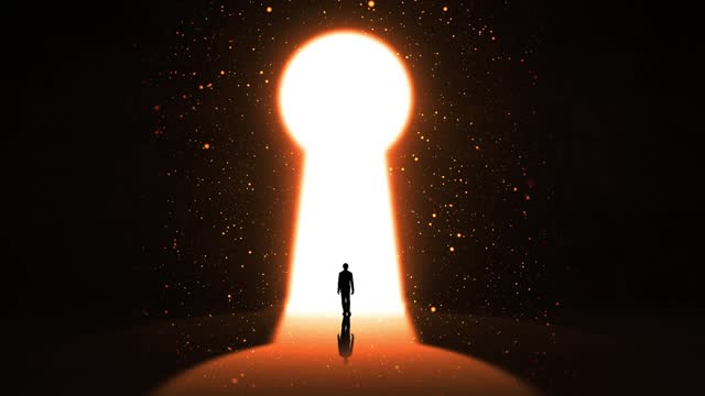 Surreal Dreams and Imagination of a young Businessman walking through Huge keyhole door light with glowing Stars. Business Scene and Concept Video