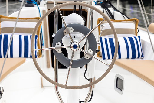 Luxury sailboat steering wheel, background with copy space, full frames horizontal composition