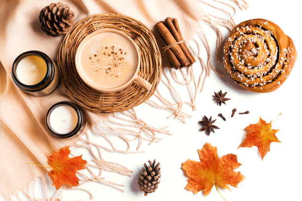 istock Autumn background with coffee and leaves 1613339878
