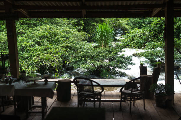istock Riverside terrace and chairs and relaxation. 1613345493