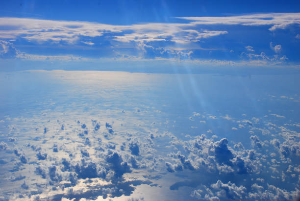 Blue sky fluffy white clouds on summer season bright clear skyline with beautiful cloudscape. Panorama blue sky clouds pattern on daylight with copy space. Cumulus cloudscape air climate sunny day