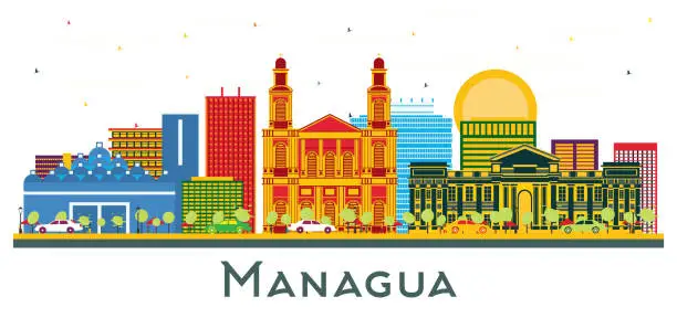 Vector illustration of Managua Nicaragua city Skyline with Color Buildings isolated on white.