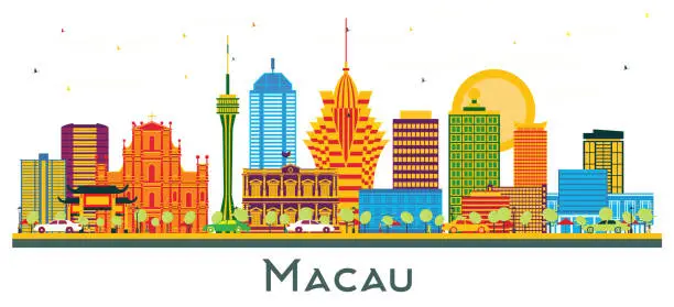Vector illustration of Macau China City Skyline with Color Buildings isolated on white.