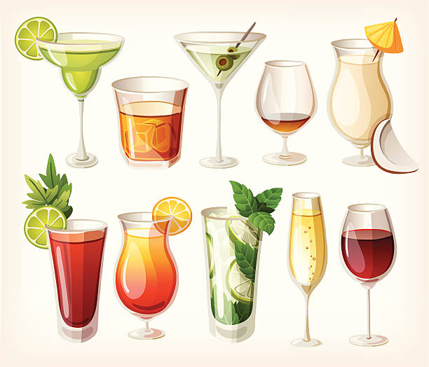컬레션 coctails 및 기타 알코올 음료를 드실 수 있습니다. - whisky ice cube glass alcohol stock illustrations