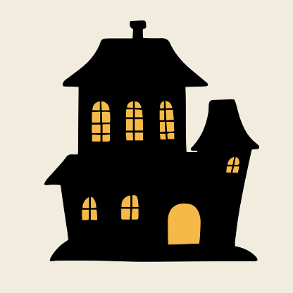 Silhouette of house for Halloween decor. Isolated dark house. Icon house with light windows. Vector illustration.