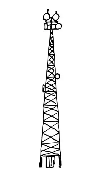 Vector illustration of Communication tower, radio antenna, internet. Simple black outline vector drawing. Sketch in ink.