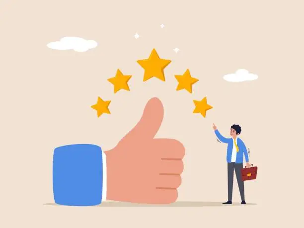 Vector illustration of Best star rating concept. Excellence customer feedback, user experience or five stars ranking. High quality product or good quality service, young business owner with big thumb up and 5 stars rating.