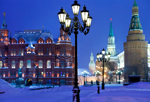 snow in Moscow - Kremlin towers in winter snowing night