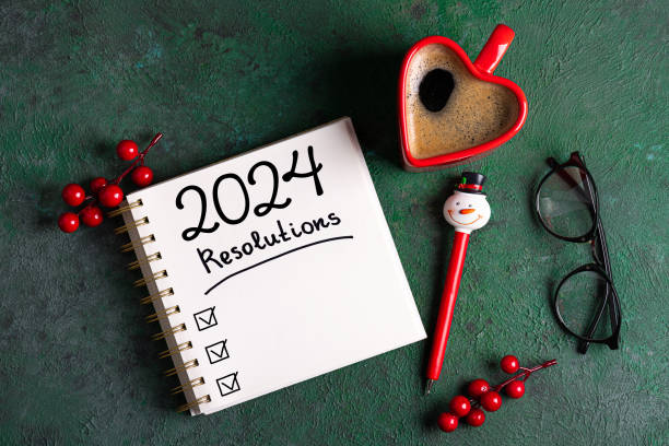 istock New year resolutions 2024 on desk. 2024 goals list with notebook, coffee cup on green table. Resolutions, plan, goals, action, checklist, idea concept. New Year 2024 resolutions 1613399210