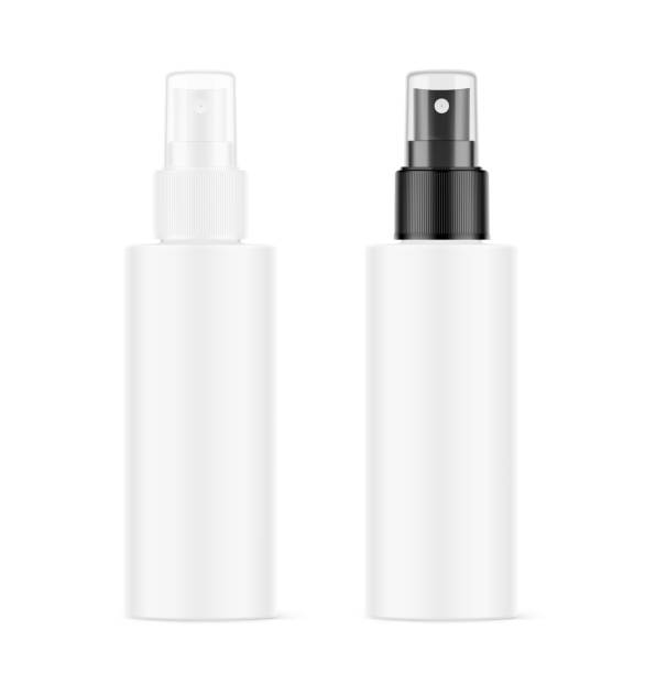 Clear realistic spray bottles mockup with white and black caps. Vector illustration isolated on white background. Сan be used for cosmetic, medical, sanitary and other needs. EPS10. spray bottle stock illustrations