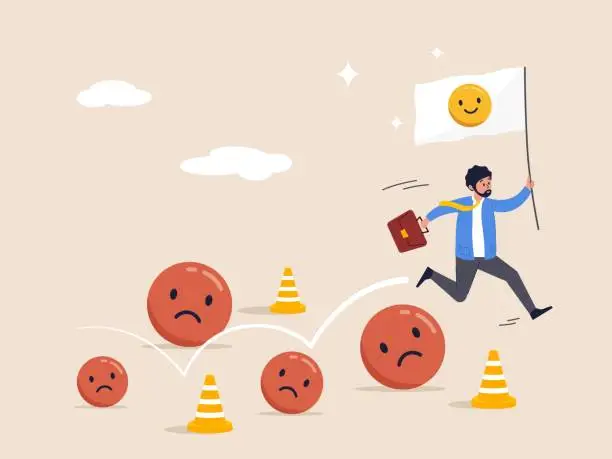 Vector illustration of Running away from negative emotions concept. Stressful burden, anxiety or negative thinking, anger or emotional cause of problem, mental health or depression. Businessman running away from depression.