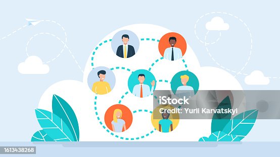 istock The Social media network. Social contacts of people connected by nodes and lines. Lines, circles, flat icons. Connected symbols for digital, interactive, communicative concepts. Flat illustration 1613438268