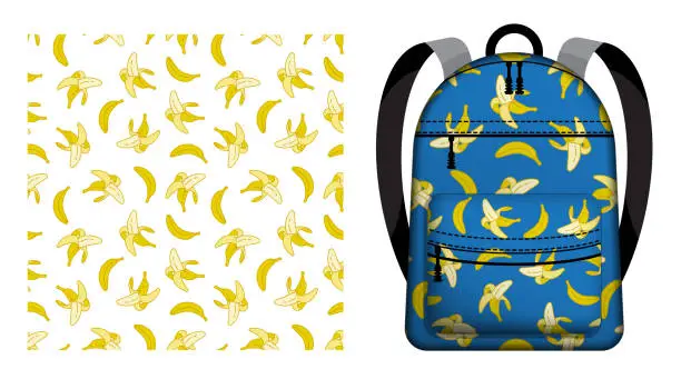 Vector illustration of Children school backpack decorated seamless pattern with peeled sweet ripe bananas. Harvesting tropical fruits. Vector ornament for design of posters and printing on textile