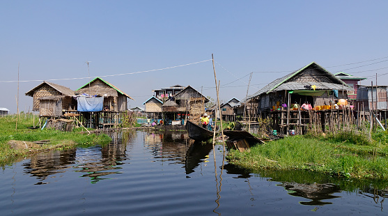 Inle, Myanmar - Feb 14, 2016. Traditional wooden stilt houses at the Inle lake, Myanmar. Inle Lake is a freshwater lake located in the Nyaungshwe Township of Shan State.