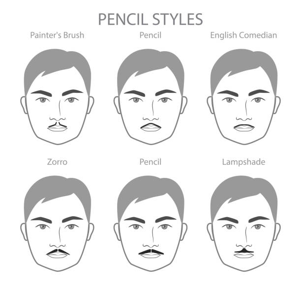 ilustrações, clipart, desenhos animados e ícones de conjunto de lápis barba e bigode com nome estilo texto homens rosto ilustração cabelo facial. retrato cinza do vetor masculino - men human hair beautiful chin